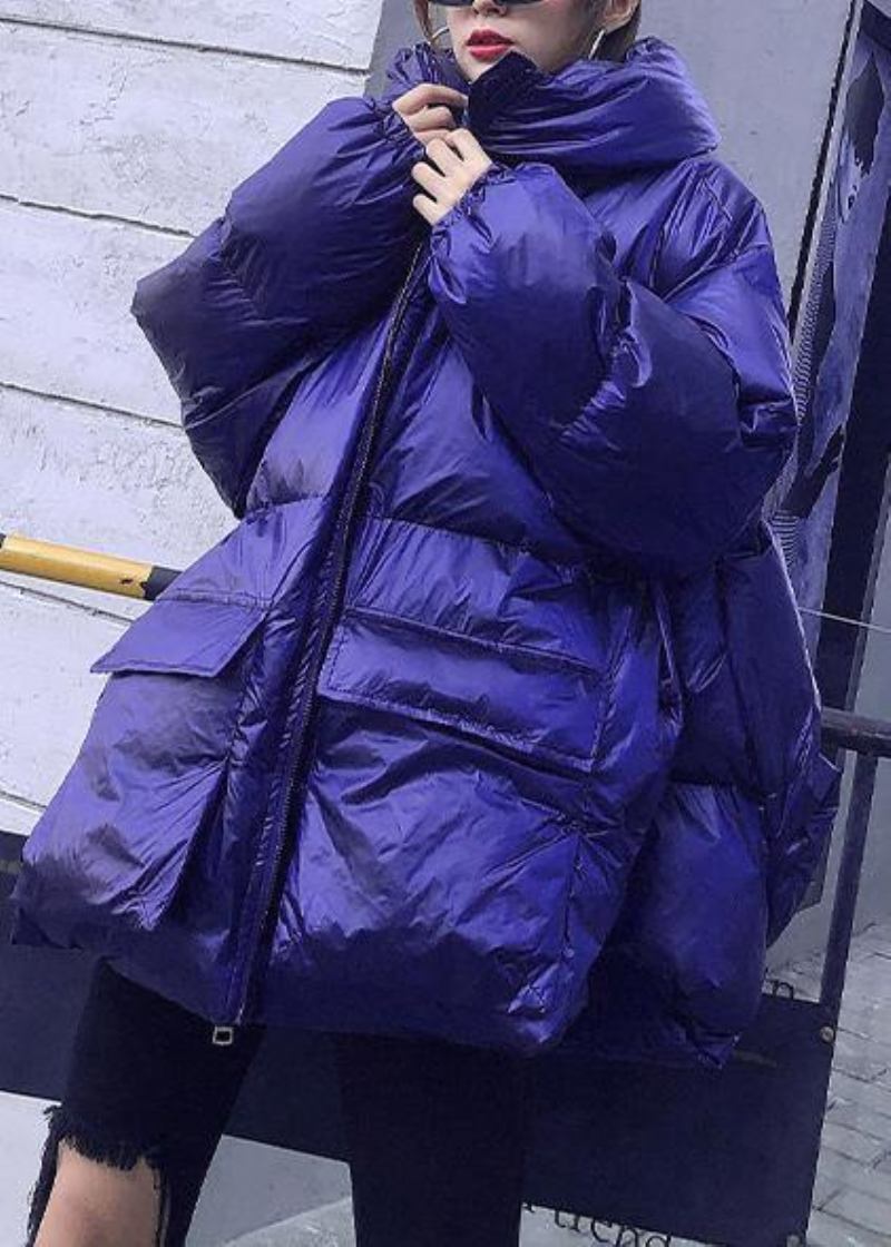 Elegante Trendige Jacken Und Mäntel In Übergröße Blauer Parka Mit Kapuze Und Taschen Für Damen