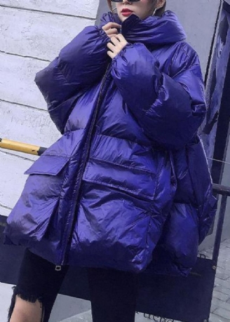 Elegante Trendige Jacken Und Mäntel In Übergröße Blauer Parka Mit Kapuze Und Taschen Für Damen