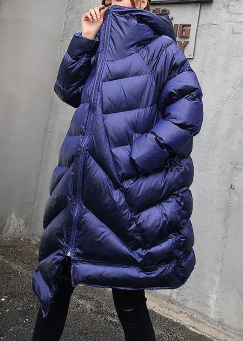 Elegante Wintermäntel In Übergröße Blauer Parka Mit Kapuze Und Reißverschluss Für Damen