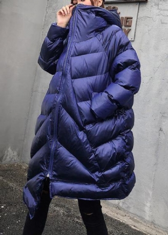 Elegante Wintermäntel In Übergröße Blauer Parka Mit Kapuze Und Reißverschluss Für Damen