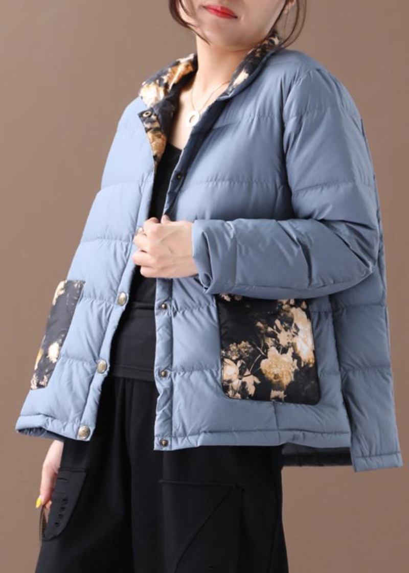 Eleganter Blauer Warmer Wintermantel In Übergröße Mit Patchwork-druck Stehkragen Taschen