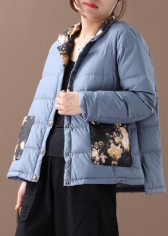 Eleganter Blauer Warmer Wintermantel In Übergröße Mit Patchwork-druck Stehkragen Taschen