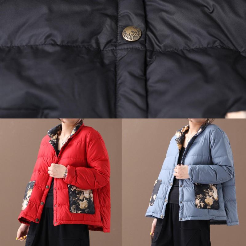 Eleganter Blauer Warmer Wintermantel In Übergröße Mit Patchwork-druck Stehkragen Taschen - Damen-Daunenjacken