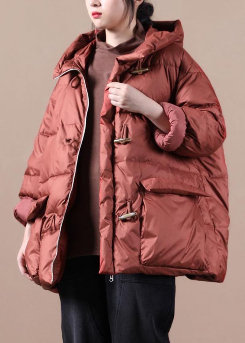 Eleganter Roter Warmer Wintermantel Locker Sitzender Damenparka Mit Kapuzentaschen Übermantel - Damen-Daunenjacken