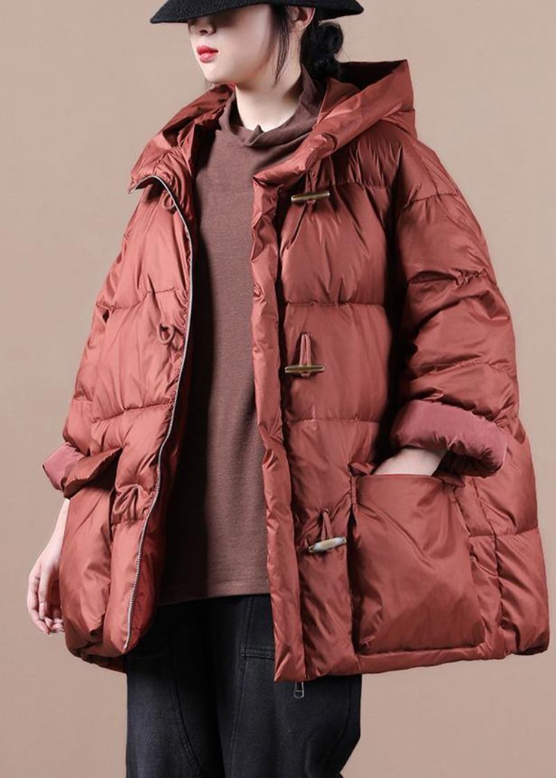 Eleganter Roter Warmer Wintermantel Locker Sitzender Damenparka Mit Kapuzentaschen Übermantel - Damen-Daunenjacken