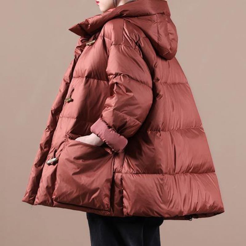 Eleganter Roter Warmer Wintermantel Locker Sitzender Damenparka Mit Kapuzentaschen Übermantel - Damen-Daunenjacken