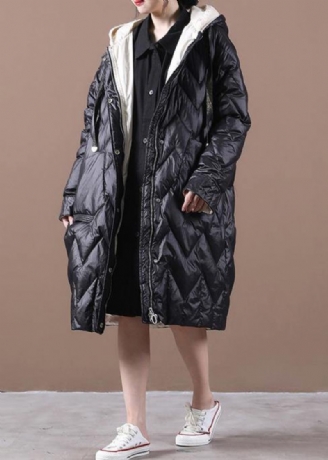 Eleganter Schwarzer Daunenmantel Aus Entendaunen Trendiger Parka Für Damen In Übergröße Mit Kapuze Und Reißverschluss Warmer Mantel