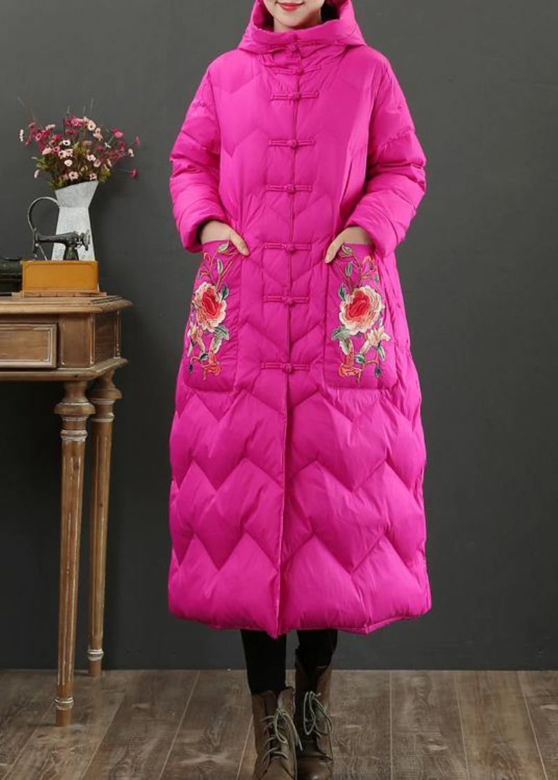 Feine Daunenjacke Mit Rosenstickerei Für Damen Lässige Schneejacke Mit Kapuze Warmer Mantel - rot