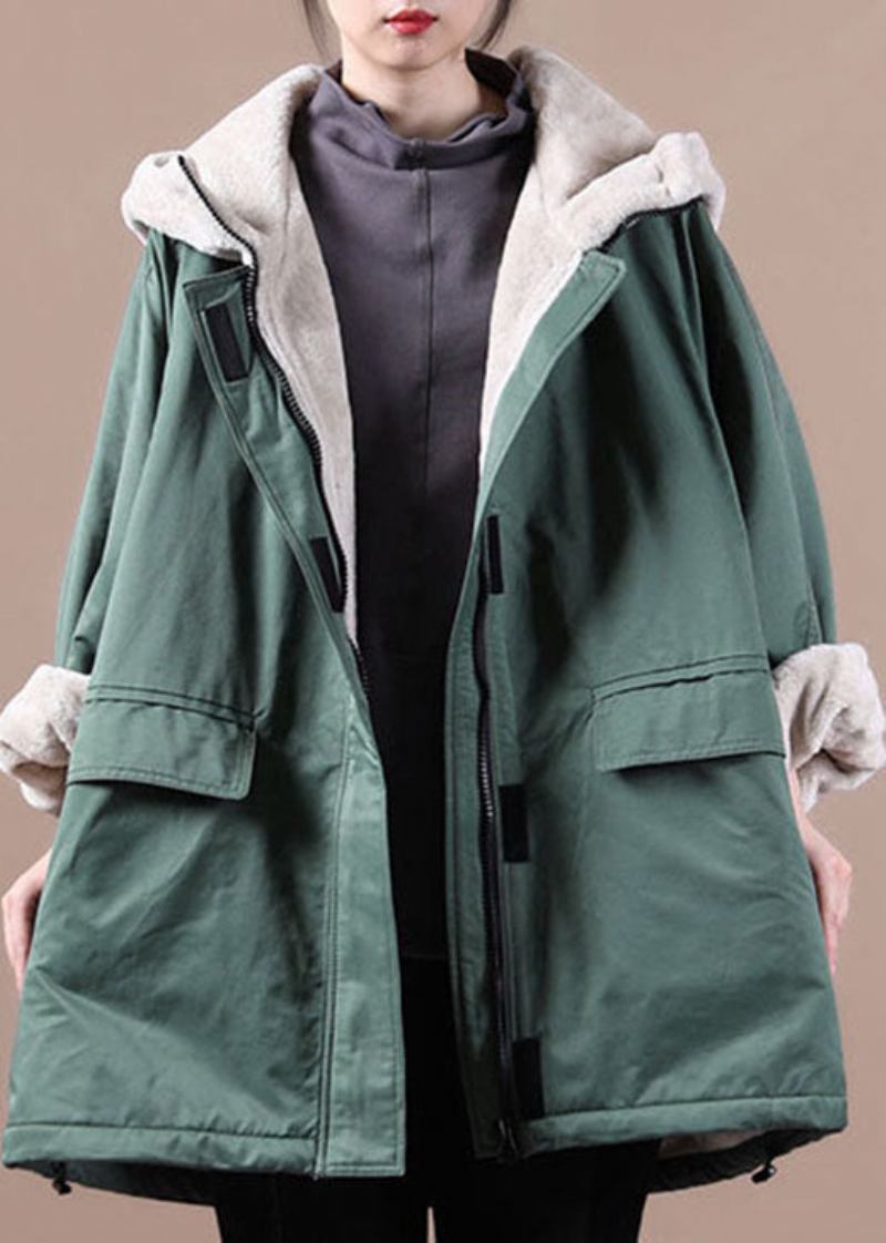 Feine Grüne Parkajacke Mit Patchwork-fleece Und Wollfutter Für Den Winter Mit Reißverschlusstaschen - Damen-Daunenjacken