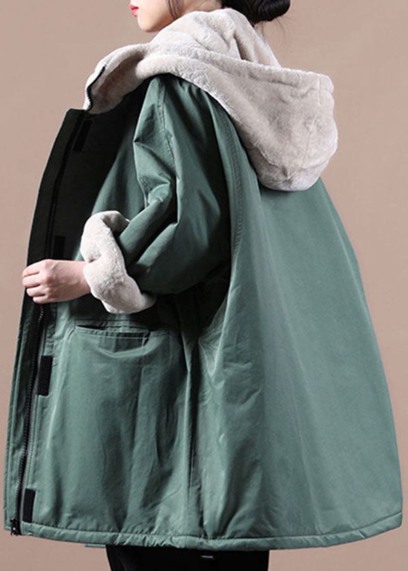 Feine Grüne Parkajacke Mit Patchwork-fleece Und Wollfutter Für Den Winter Mit Reißverschlusstaschen - Damen-Daunenjacken