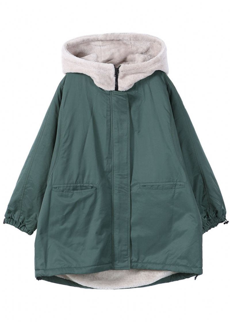 Feine Grüne Parkajacke Mit Patchwork-fleece Und Wollfutter Für Den Winter Mit Reißverschlusstaschen - Damen-Daunenjacken