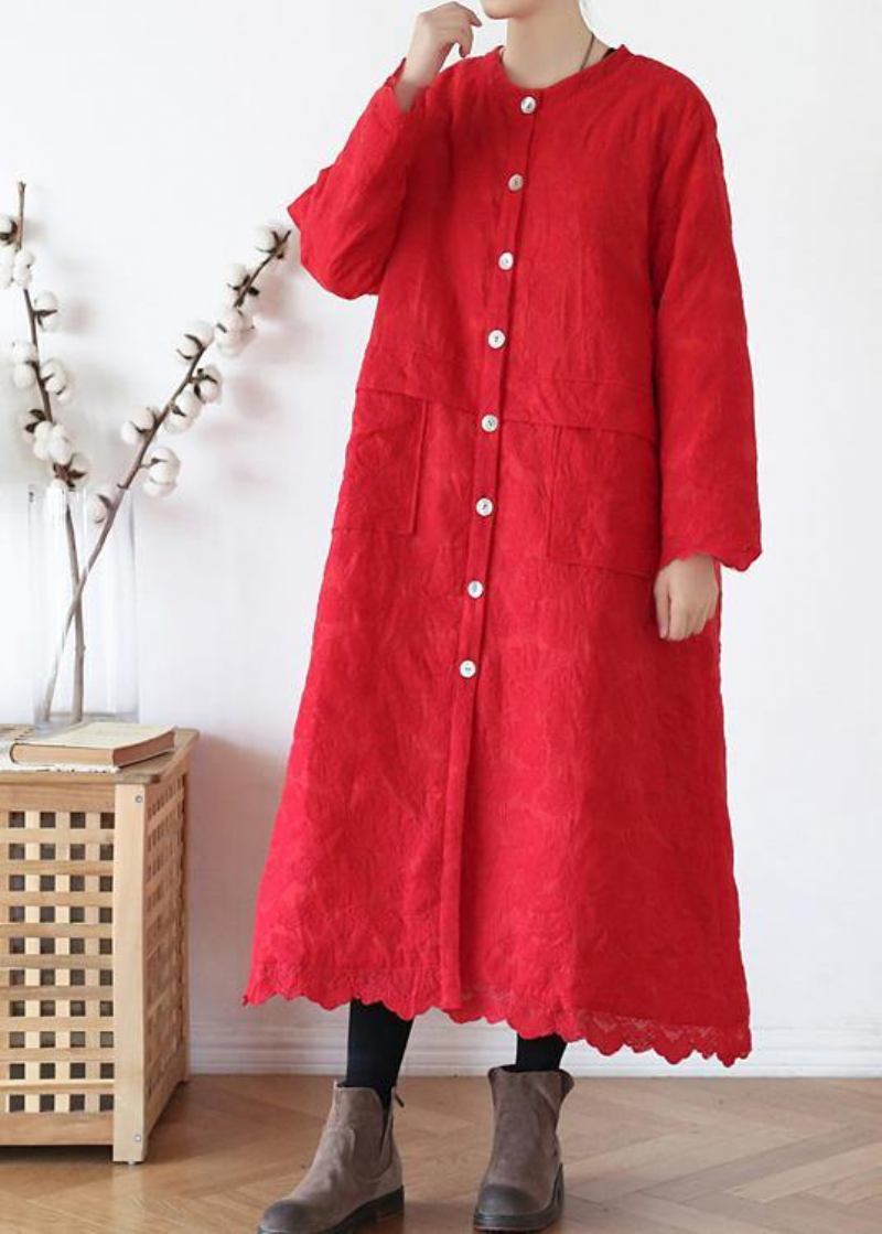 Feine Rote Oberbekleidung Warmer Wintermantel In Übergröße Rundhalsausschnitt Jacquard-winteroberbekleidung