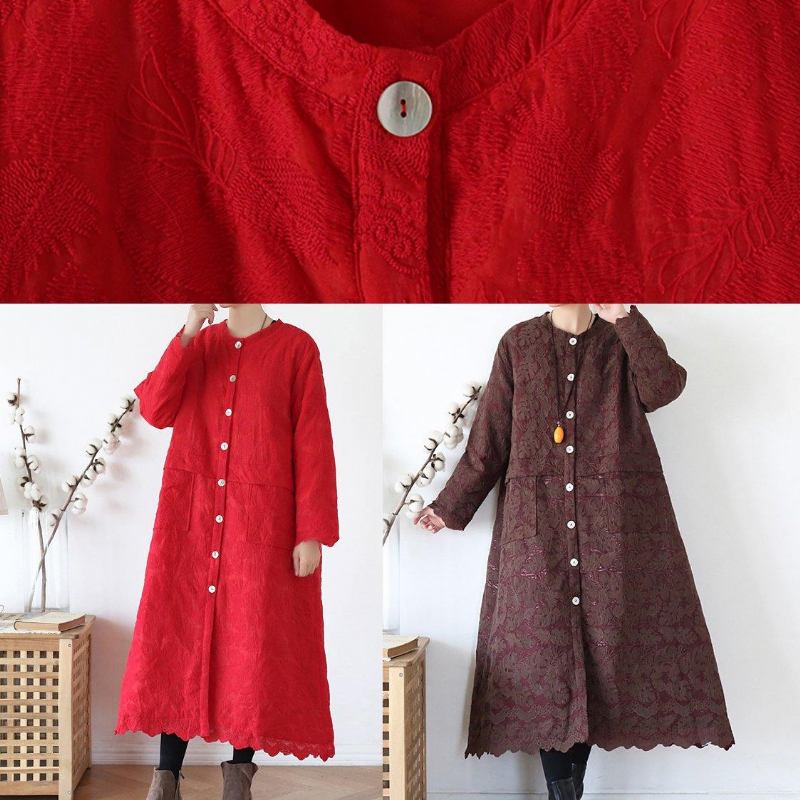 Feine Rote Oberbekleidung Warmer Wintermantel In Übergröße Rundhalsausschnitt Jacquard-winteroberbekleidung - rot