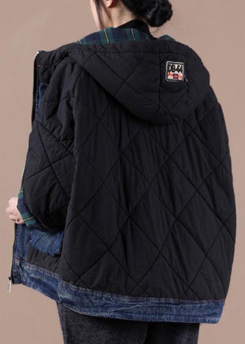 Feine Schwarze Parkas Für Damen Locker Sitzende Schneejacken Mit Kapuze Patchwork-karos Winteroberbekleidung - schwarz