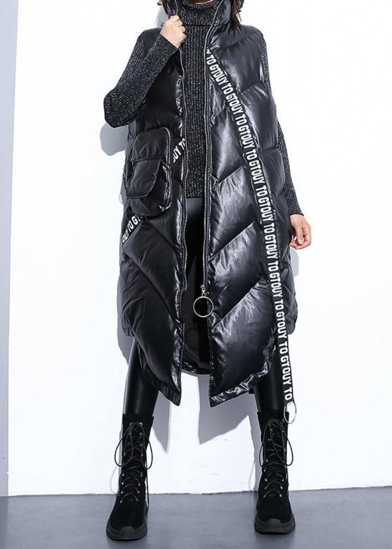 Feine Schwarze Parkas Mit Reißverschluss Trendiger Warmer Wintermantel In Übergröße Ärmelloser Übermantel Niedriges Design