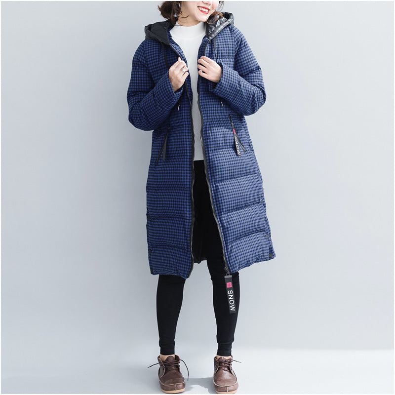 Feiner Blau Karierter Winterparka In Übergrößen Mit Kapuze Elegante Dicke Wintermäntel - Damen-Daunenjacken