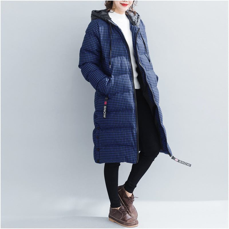 Feiner Blau Karierter Winterparka In Übergrößen Mit Kapuze Elegante Dicke Wintermäntel - Damen-Daunenjacken