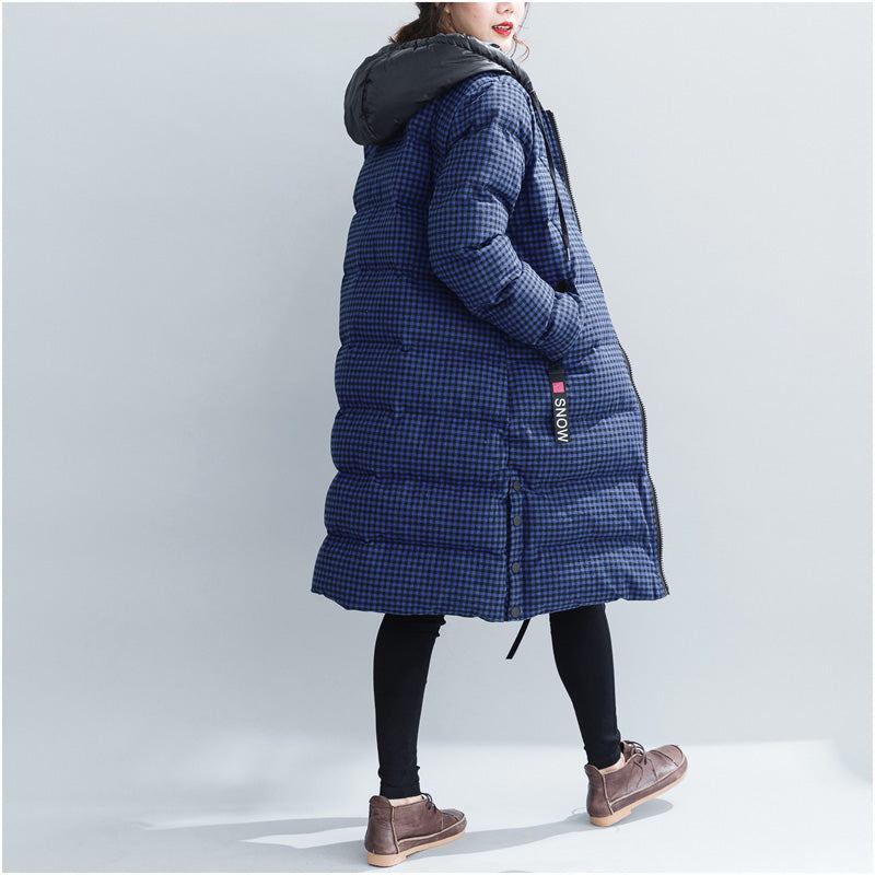 Feiner Blau Karierter Winterparka In Übergrößen Mit Kapuze Elegante Dicke Wintermäntel - Damen-Daunenjacken