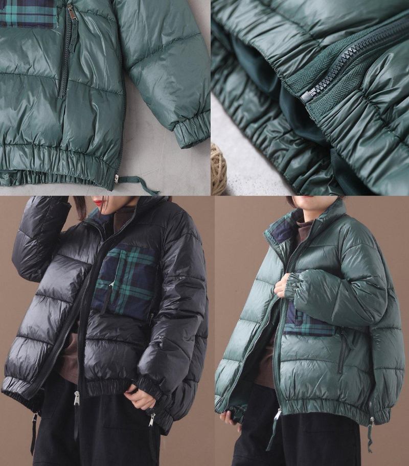 Feiner Grüner Daunenmantel Aus Gänsedaunen Locker Sitzende Winterjacke Patchwork-karomuster Seitlicher Reißverschluss Jacken - Damen-Daunenjacken