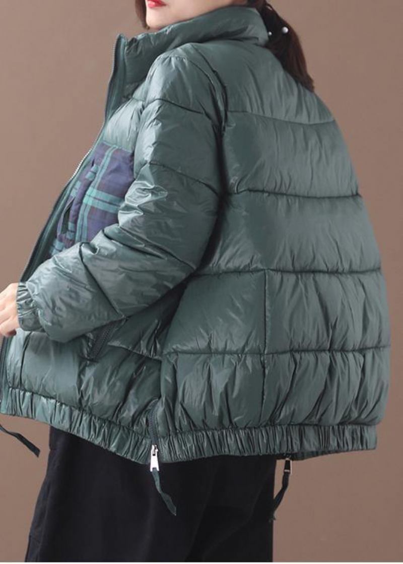 Feiner Grüner Daunenmantel Aus Gänsedaunen Locker Sitzende Winterjacke Patchwork-karomuster Seitlicher Reißverschluss Jacken - Damen-Daunenjacken