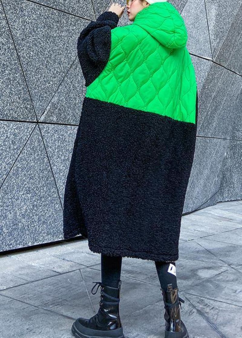 Französische Grüne Patchwork-kleidung Robe Mit Kapuze Und Reißverschluss Herbstkleider - Damen-Daunenjacken