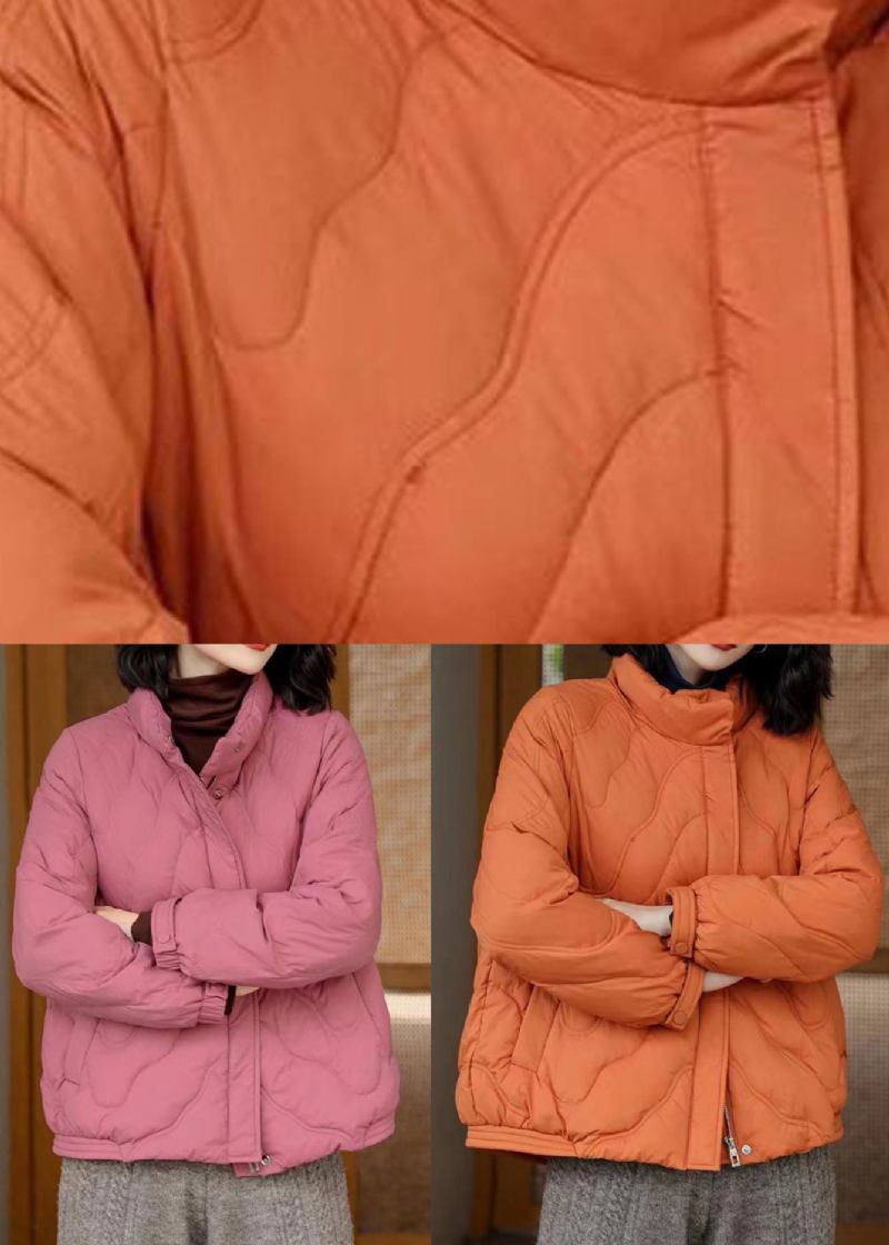 Französische Orangefarbene Entendaunenjacke Mit Stehkragen Und Reißverschluss Für Den Winter - Damen-Daunenjacken