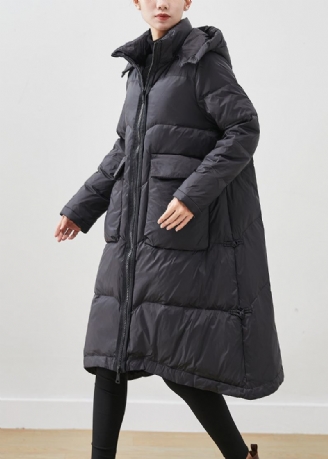 Französische Schwarze Entendaunenjacke Mit Kapuze Und Großen Taschen Für Den Winter