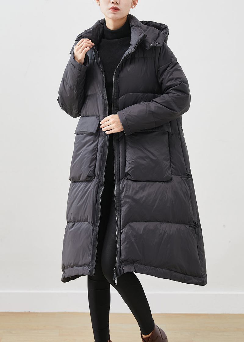 Französische Schwarze Entendaunenjacke Mit Kapuze Und Großen Taschen Für Den Winter - Damen-Daunenjacken