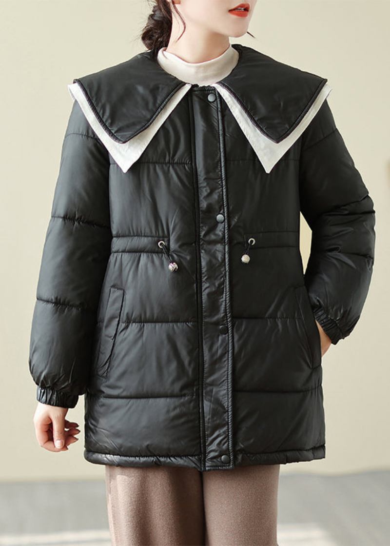 Französische Schwarze Peter Pan Kragen Kordelzug Feine Baumwolle Gefüllt Puffer Jacke Winter - Damen-Daunenjacken