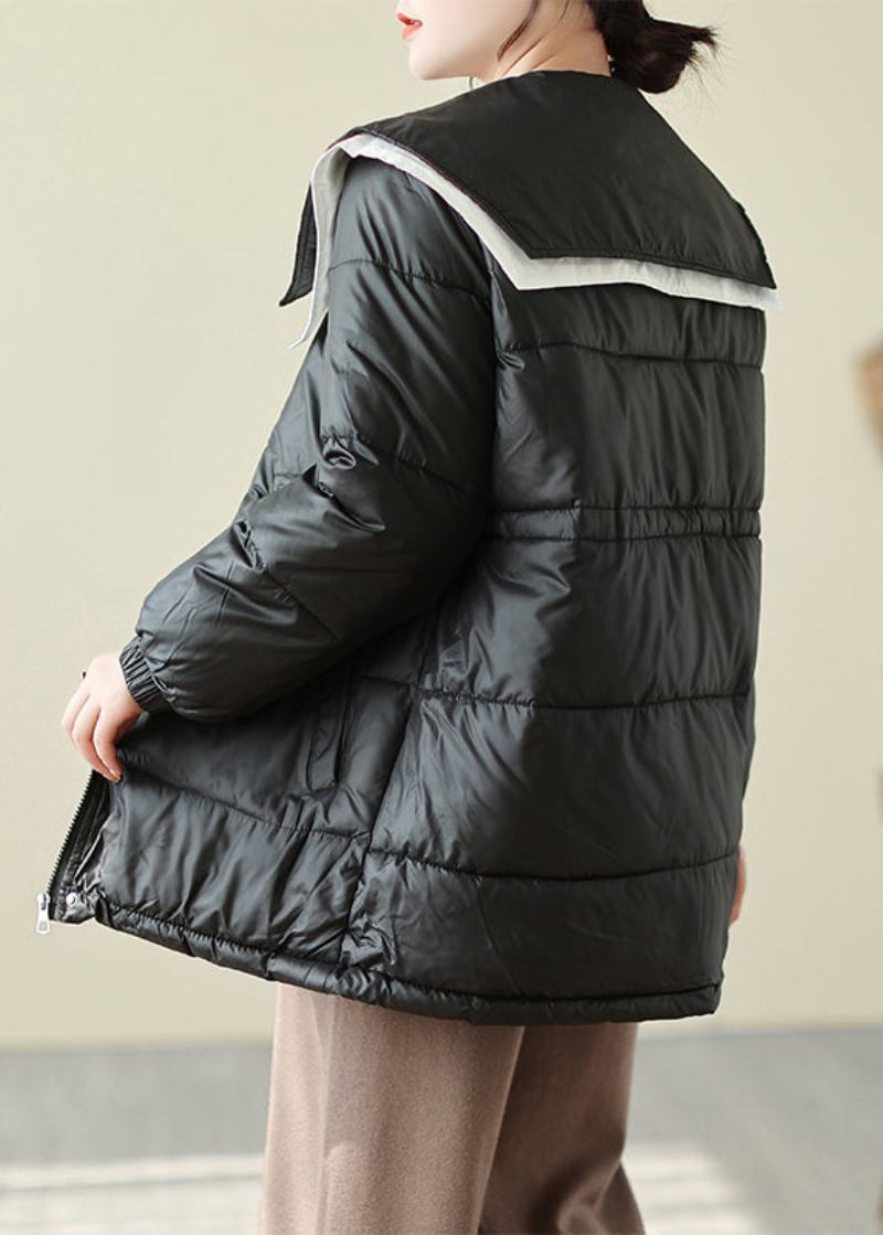 Französische Schwarze Peter Pan Kragen Kordelzug Feine Baumwolle Gefüllt Puffer Jacke Winter - Damen-Daunenjacken