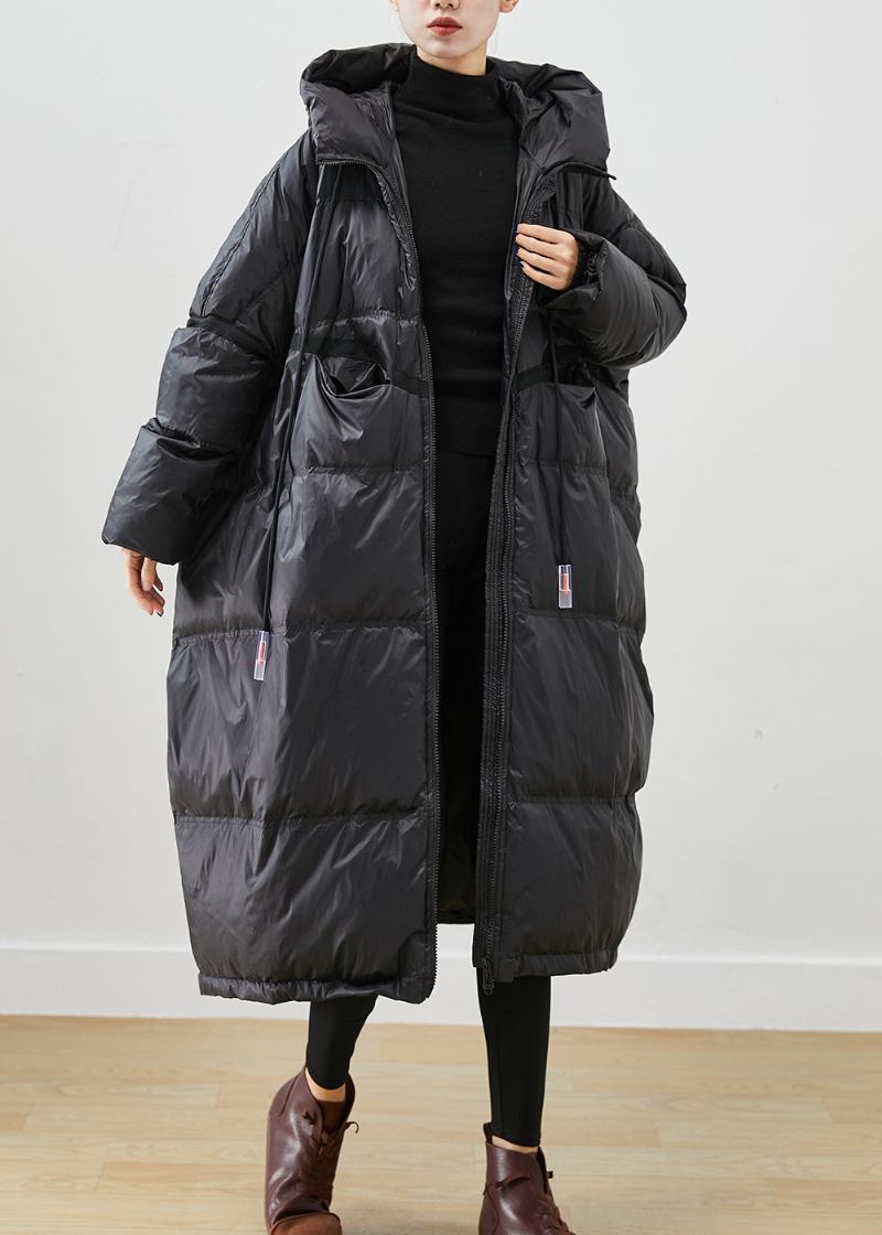 Französische Schwarze Übergroße Entendaunenjacke Mit Kordelzug Für Den Winter - Damen-Daunenjacken