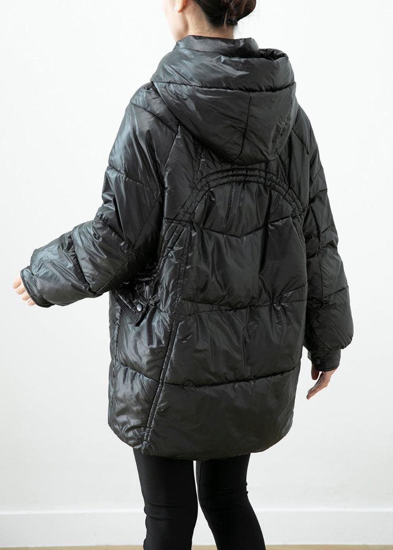 Französische Schwarze Wintermäntel Mit Kapuze Und Taschen Aus Feiner Baumwolle Winter - Damen-Daunenjacken