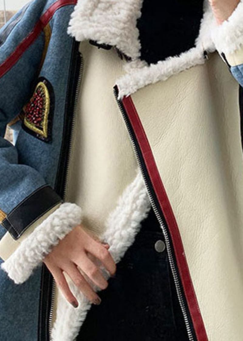 Französischer Blauer Wintermantel Aus Kunstpelz Mit Reißverschluss Aus Denim Und Patchwork - Damen-Daunenjacken