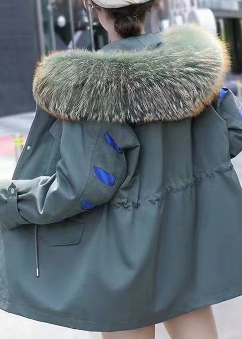 Frauen Blau Pelz Kragen Kordelzug Taschen Patchwork Parka Langarm