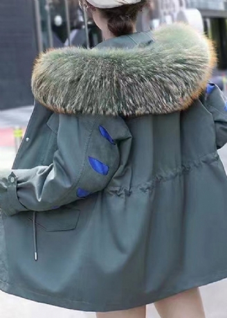 Frauen Blau Pelz Kragen Kordelzug Taschen Patchwork Parka Langarm