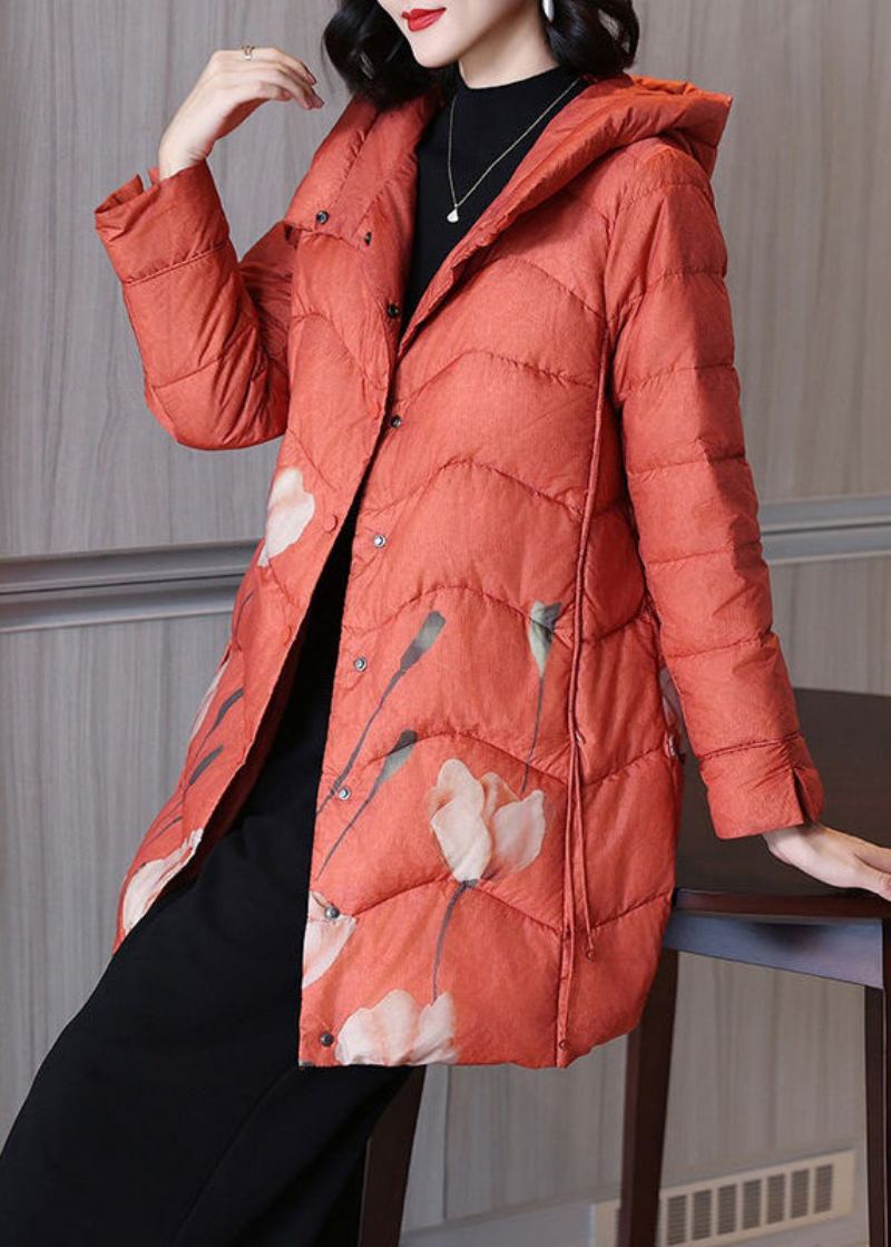 Frauen Orange Print Kapuzenknopf Duck Down Parka Winter