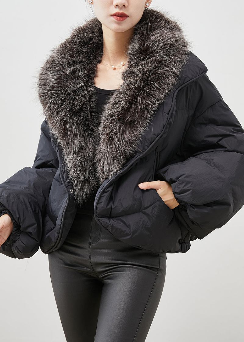 Frauen Schwarz Kaninchen Haar Kragen Warme Ente Unten Puffer Jacke Winter