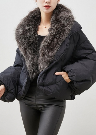 Frauen Schwarz Kaninchen Haar Kragen Warme Ente Unten Puffer Jacke Winter