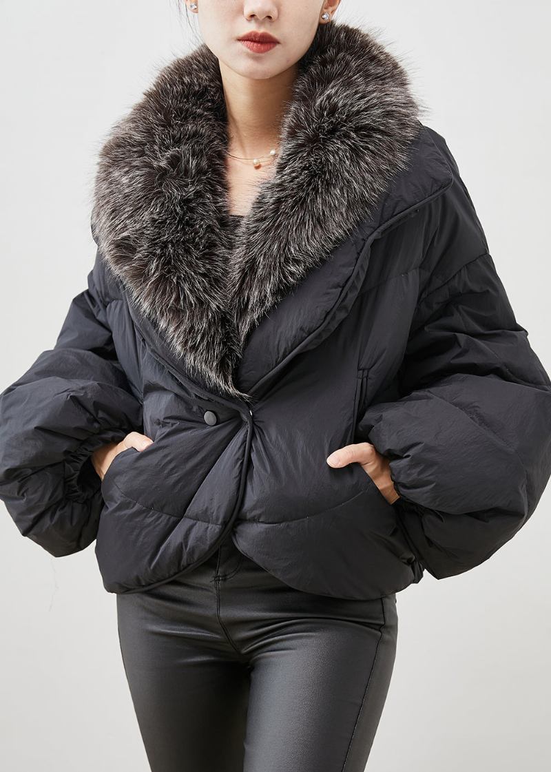 Frauen Schwarz Kaninchen Haar Kragen Warme Ente Unten Puffer Jacke Winter - Damen-Daunenjacken