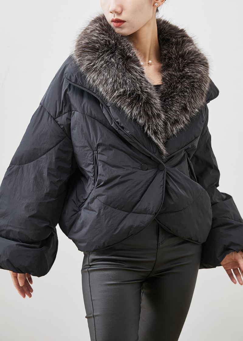 Frauen Schwarz Kaninchen Haar Kragen Warme Ente Unten Puffer Jacke Winter - Damen-Daunenjacken