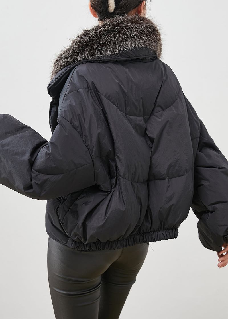 Frauen Schwarz Kaninchen Haar Kragen Warme Ente Unten Puffer Jacke Winter - Damen-Daunenjacken