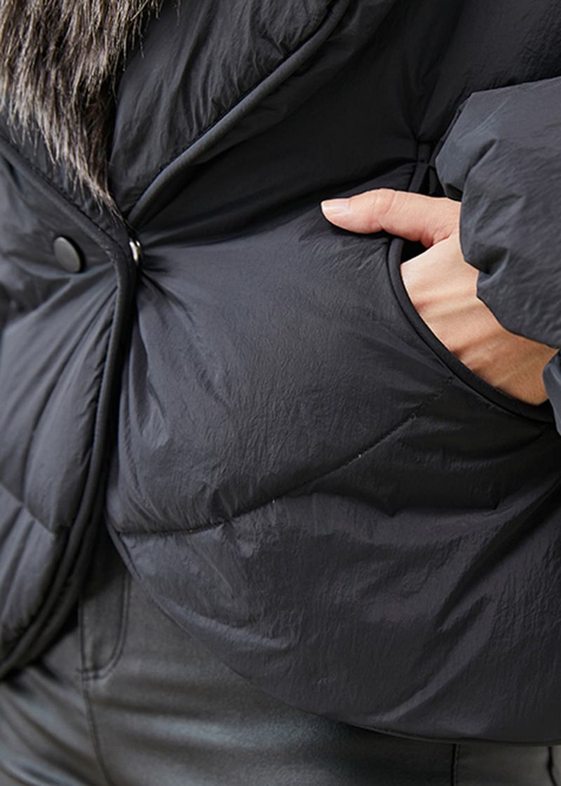 Frauen Schwarz Kaninchen Haar Kragen Warme Ente Unten Puffer Jacke Winter - Damen-Daunenjacken