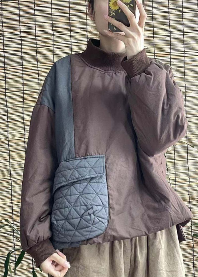 Grüner Parka Mit Stehkragen Und Patchwork-tasche Und Feiner Baumwollfüllung Für Den Winter - Grün