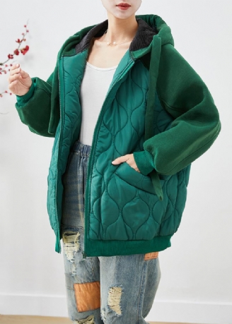 Handgefertigte Grüne Patchwork-pufferjacke Mit Feiner Baumwollfüllung Und Kapuze Für Den Winter