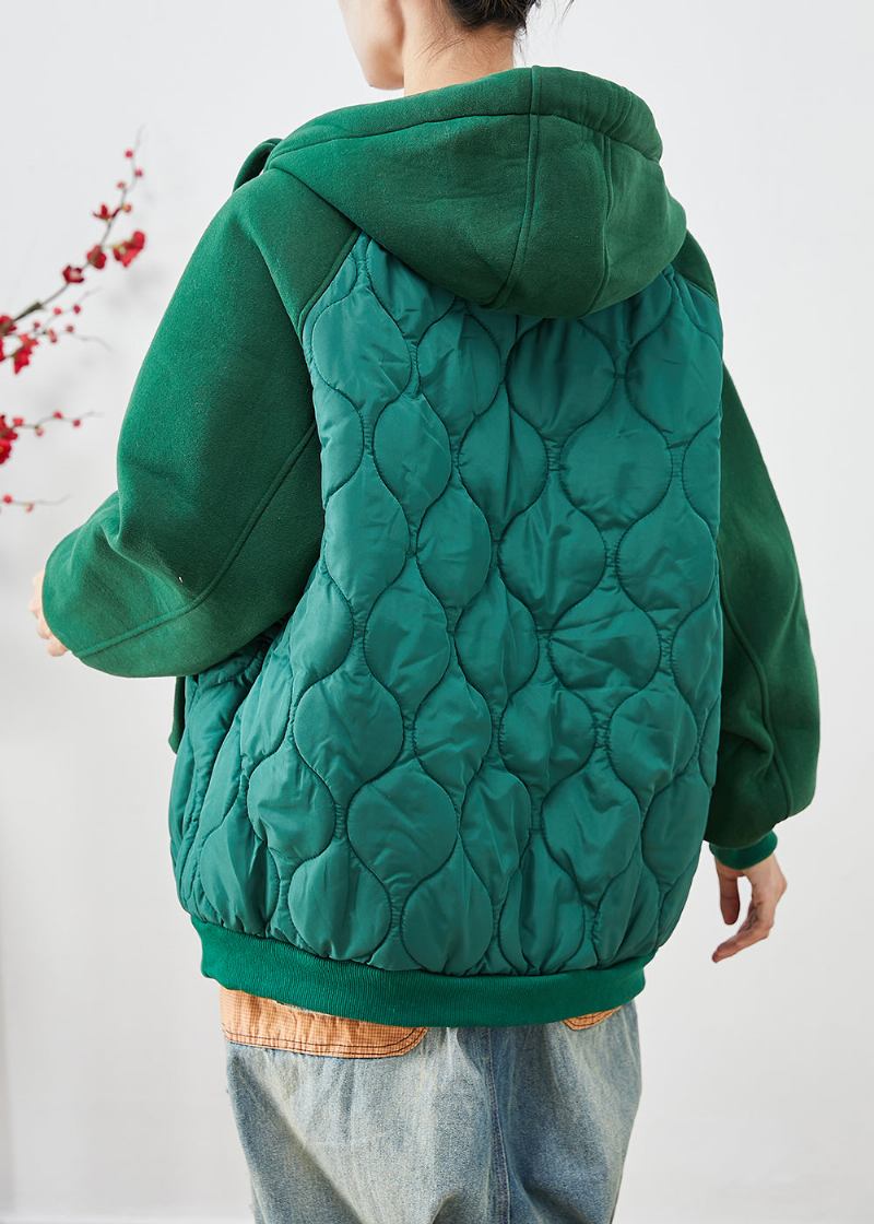 Handgefertigte Grüne Patchwork-pufferjacke Mit Feiner Baumwollfüllung Und Kapuze Für Den Winter - Damen-Daunenjacken