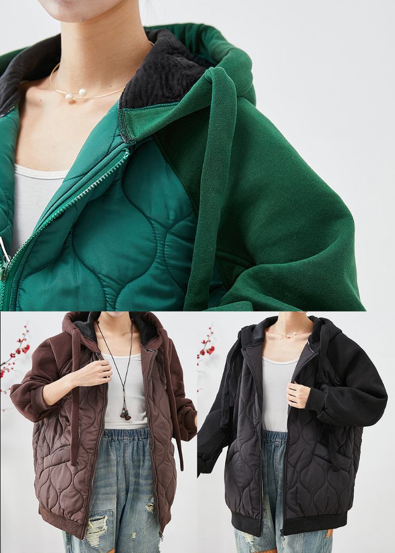 Handgefertigte Grüne Patchwork-pufferjacke Mit Feiner Baumwollfüllung Und Kapuze Für Den Winter - Damen-Daunenjacken