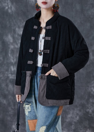 Handgefertigte Schwarze Übergroße Parkas Mit Feiner Baumwollfüllung Im Patchwork-stil Im Und Übergroßen Taschen Im Winter