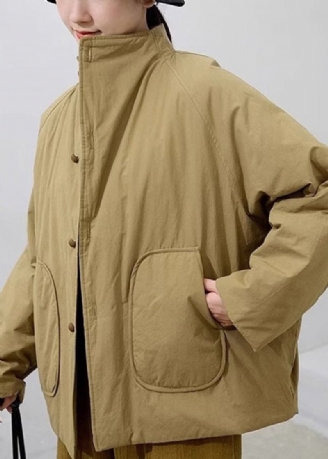 Handgemachte Khaki Stehkragen Taschen Feine Baumwolle Gefüllt Damen Parka Winter