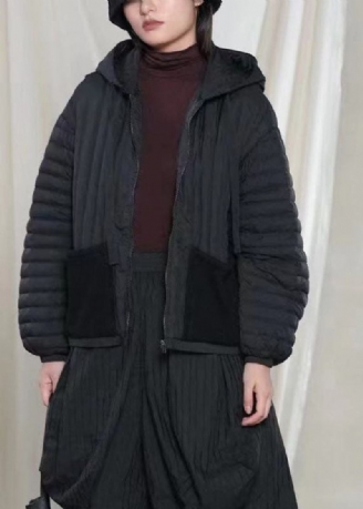 Heißer Warmer Wintermantel Aus Entendaunen In Schwarz Mit Kapuze Und Taschen