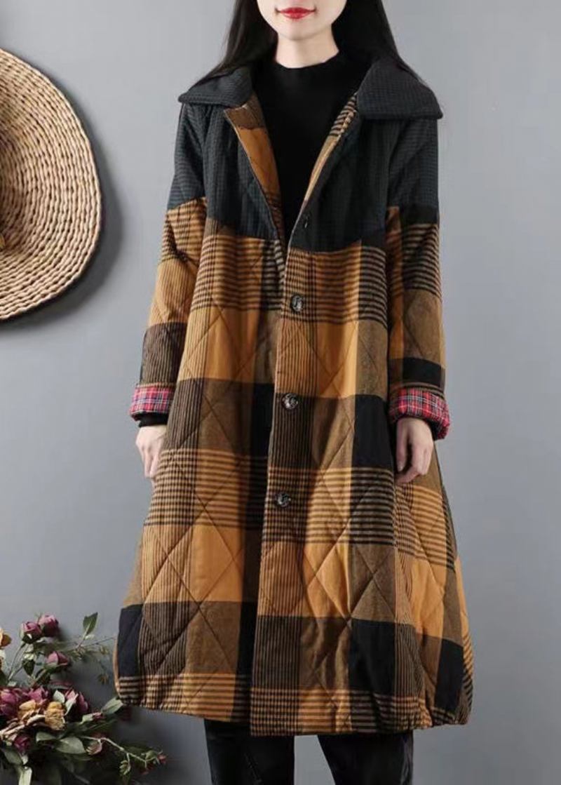 Italienische Gelbe Taschen Karierter Patchwork Mäntel Mit Füllung Aus Feiner Baumwolle Winter